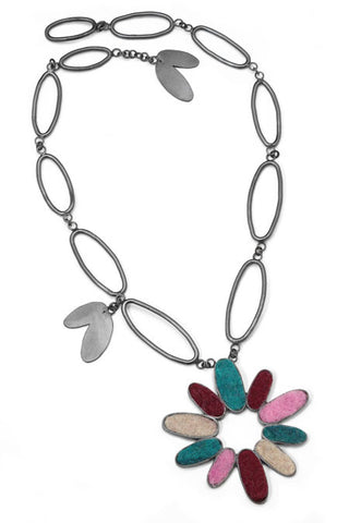 Large Silver Flower Necklace with Felt