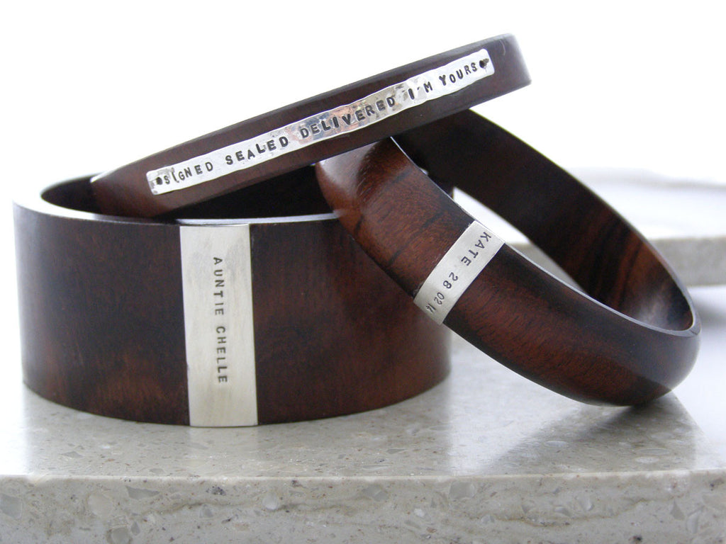 Wood & Hammered Sterling Silver Personalised bangle