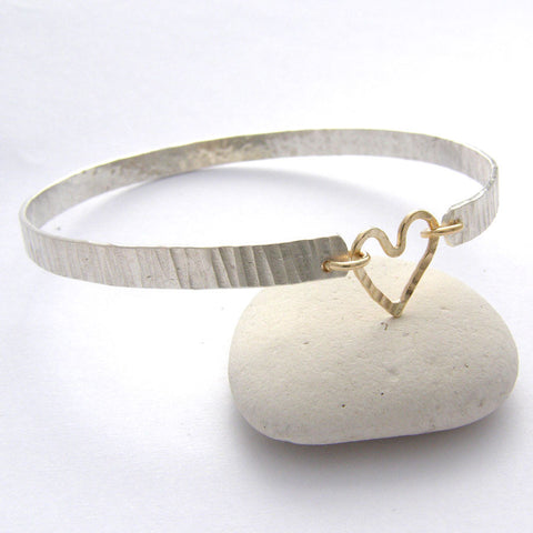 Sterling Silver & 9ct Gold Heart Hammered Bangle