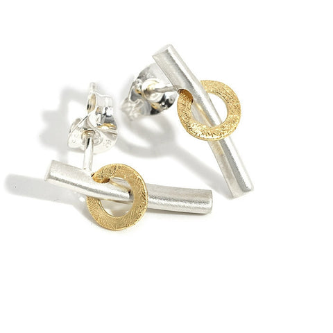 Silver and 18ct Gold Bar Orbit Earrings
