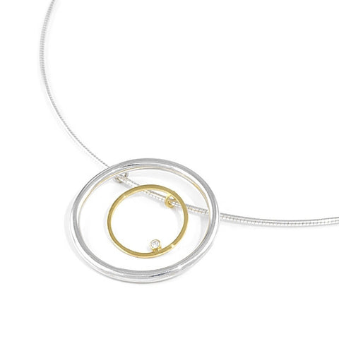 Silver & 18ct Gold with Diamond Moving Circle Necklace