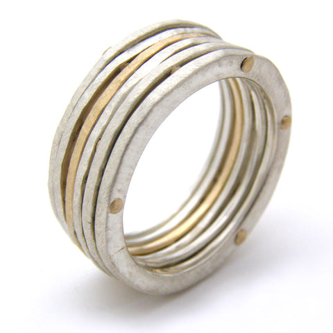 Six Layer Riveted Silver & 9ct Gold Ring