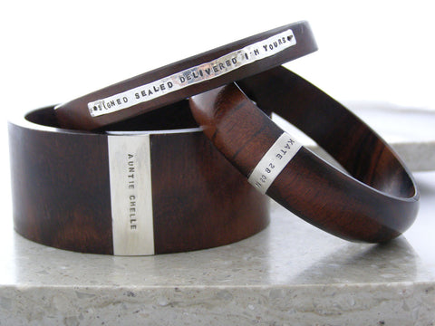 Wood & Hammered Sterling Silver Personalised bangle